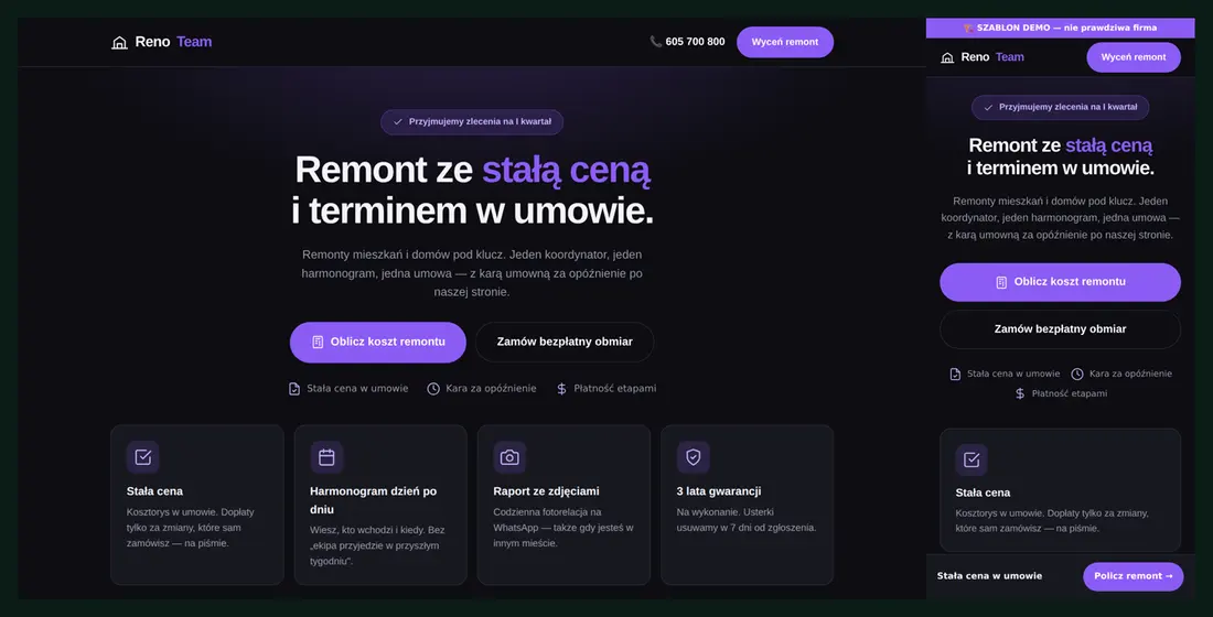 Szablon strony dla firmy remontowej RenoTeam w wersji na komputer i na telefon