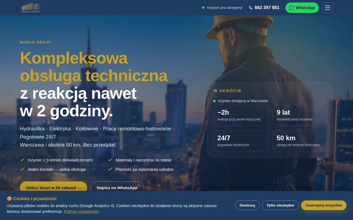 Zrzut ekranu strony głównej MONCO GROUP — sekcja hero z ofertą obsługi technicznej